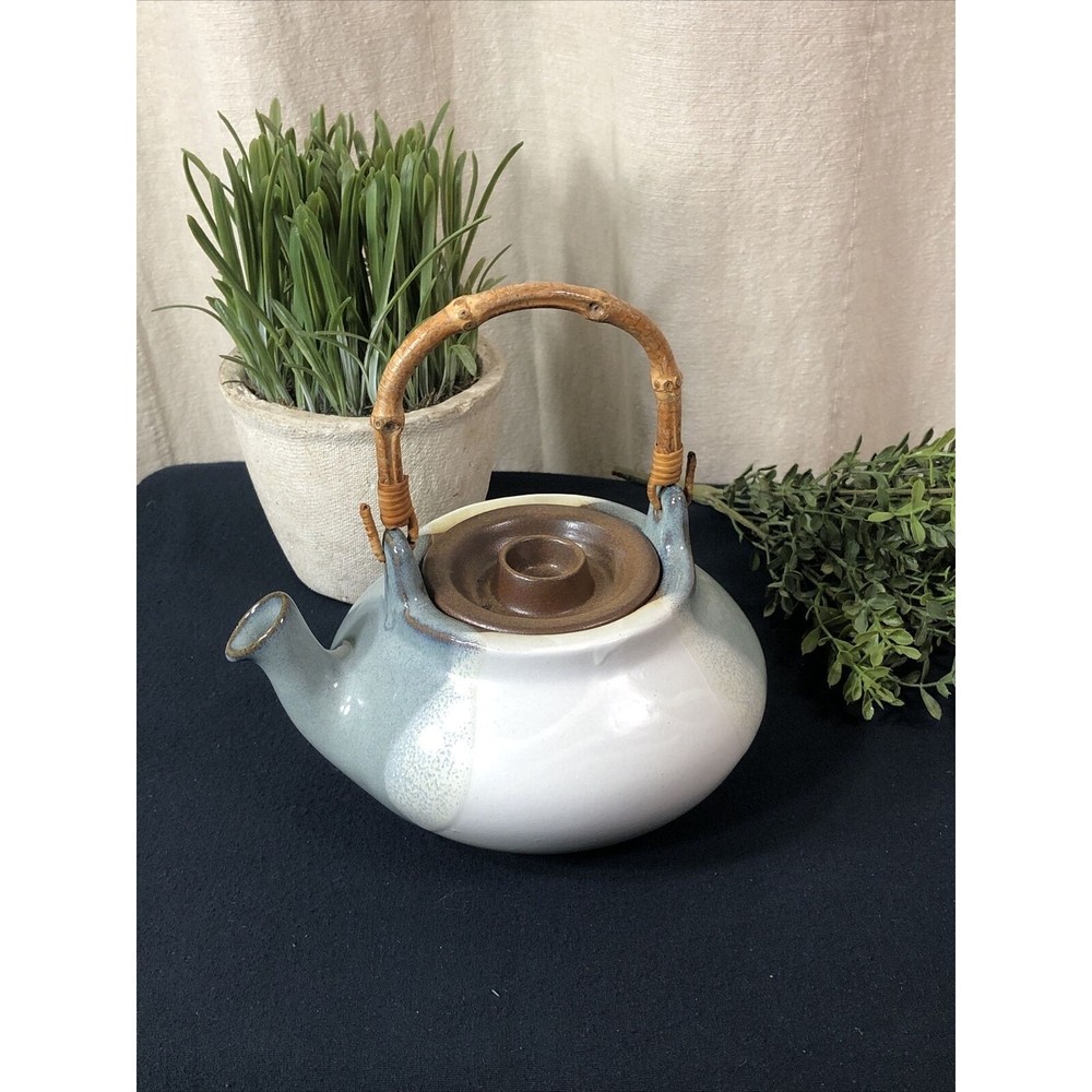Vintage Ceramic Teapot with Bamboo Handle by Pottery Craft #460 in Blue /White